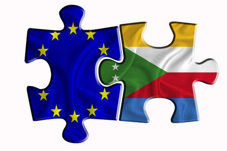 comores flag and European Union flag on two puzzle pieces on white isolated background. The concept of political relations. 3D renderingの写真素材