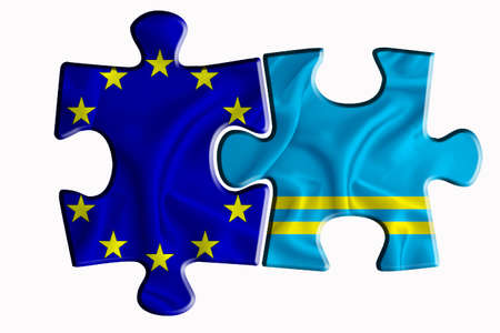 Aruba flag and European Union flag on two puzzle pieces on white isolated background. The concept of political relations. 3D renderingの写真素材