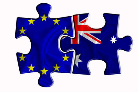 Australia flag and European Union flag on two puzzle pieces on white isolated background. The concept of political relations. 3D renderingの写真素材