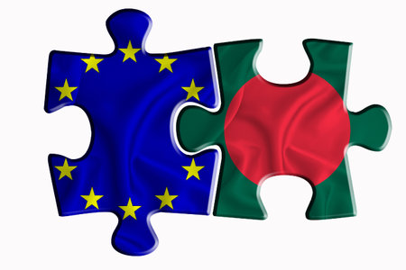 Bangladesh flag and European Union flag on two puzzle pieces on white isolated background. The concept of political relations. 3D renderingの写真素材