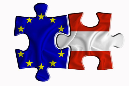 Austria flag and European Union flag on two puzzle pieces on white isolated background. The concept of political relations. 3D renderingの写真素材