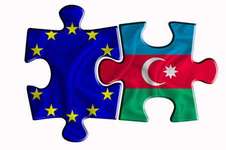 Azerbaijan flag and European Union flag on two puzzle pieces on white isolated background. The concept of political relations. 3D renderingの写真素材