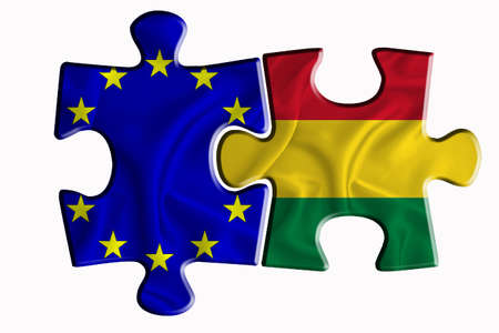 Bolivia flag and European Union flag on two puzzle pieces on white isolated background. The concept of political relations. 3D renderingの写真素材