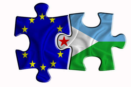 Djibouti flag and European Union flag on two puzzle pieces on white isolated background. The concept of political relations. 3D renderingの写真素材