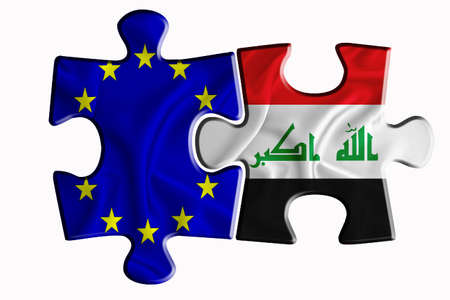 Iraq flag and European Union flag on two puzzle pieces on white isolated background. The concept of political relations. 3D renderingの写真素材