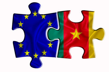 Cameroon flag and European Union flag on two puzzle pieces on white isolated background. The concept of political relations. 3D renderingの写真素材