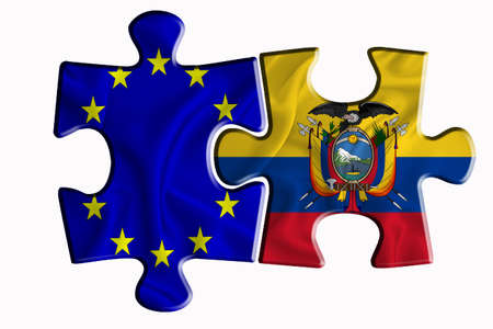 ecuador flag and European Union flag on two puzzle pieces on white isolated background. The concept of political relations. 3D renderingの写真素材