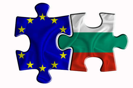 Bulgaria flag and European Union flag on two puzzle pieces on white isolated background. The concept of political relations. 3D renderingの写真素材