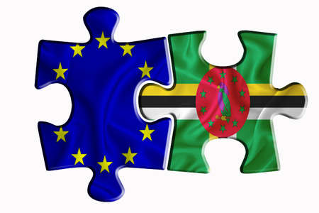 Dominica flag and European Union flag on two puzzle pieces on white isolated background. The concept of political relations. 3D renderingの写真素材