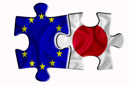 Japan flag and European Union flag on two puzzle pieces on white isolated background. The concept of political relations. 3D renderingの写真素材