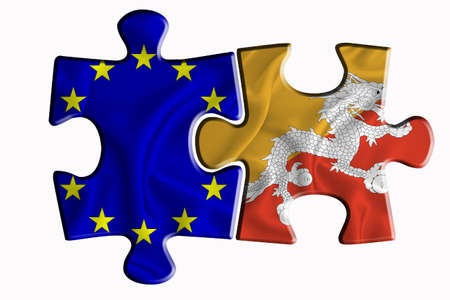 Bhutan flag and European Union flag on two puzzle pieces on white isolated background. The concept of political relations. 3D renderingの写真素材