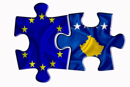 kosovo flag and European Union flag on two puzzle pieces on white isolated background. The concept of political relations. 3D renderingの写真素材