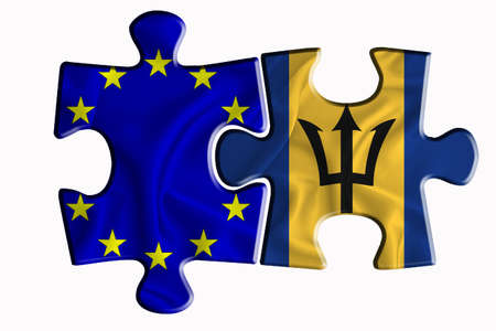 Barbados flag and European Union flag on two puzzle pieces on white isolated background. The concept of political relations. 3D renderingの写真素材