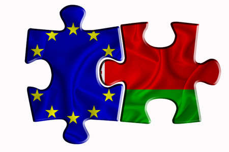 Belarus flag and European Union flag on two puzzle pieces on white isolated background. The concept of political relations. 3D renderingの写真素材