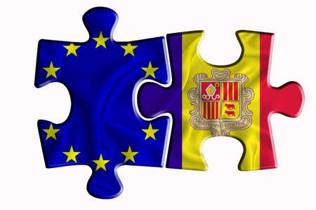 Andorra flag and European Union flag on two puzzle pieces on white isolated background. The concept of political relations. 3D renderingの写真素材
