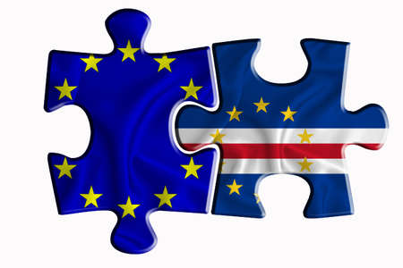 Cabo Verde flag and European Union flag on two puzzle pieces on white isolated background. The concept of political relations. 3D renderingの写真素材