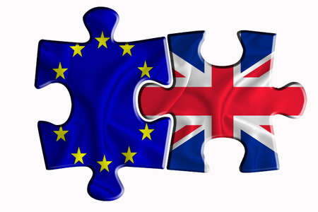 Great Britain flag and European Union flag on two puzzle pieces on white isolated background. The concept of political relations. 3D renderingの写真素材
