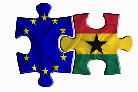 Ghana flag and European Union flag on two puzzle pieces on white isolated background. The concept of political relations. 3D renderingの写真素材