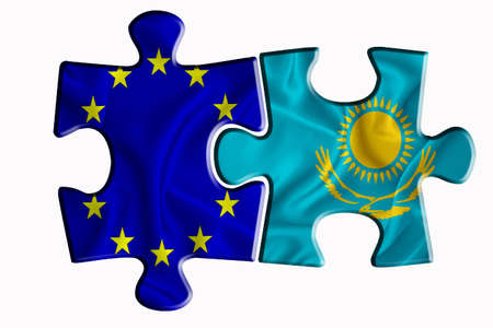 Kazakhstan flag and European Union flag on two puzzle pieces on white isolated background. The concept of political relations. 3D renderingの写真素材