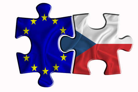 Czech flag and European Union flag on two puzzle pieces on white isolated background. The concept of political relations. 3D renderingの写真素材