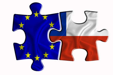 Chile flag and European Union flag on two puzzle pieces on white isolated background. The concept of political relations. 3D renderingの写真素材