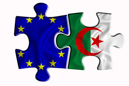Algeria flag and European Union flag on two puzzle pieces on white isolated background. The concept of political relations. 3D renderingの写真素材