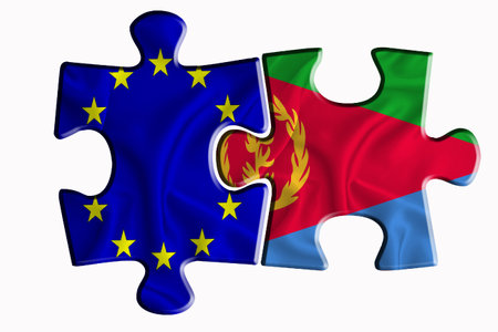 Eritrea flag and European Union flag on two puzzle pieces on white isolated background. The concept of political relations. 3D renderingの写真素材
