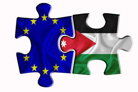 Jordan flag and European Union flag on two puzzle pieces on white isolated background. The concept of political relations. 3D renderingの写真素材