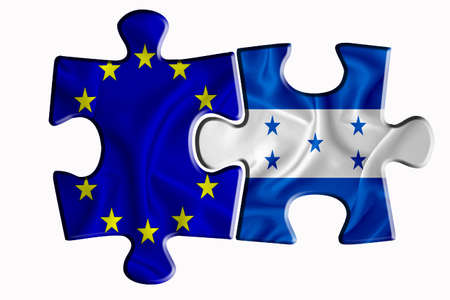 Honduras flag and European Union flag on two puzzle pieces on white isolated background. The concept of political relations. 3D renderingの写真素材