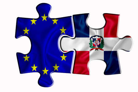 Dominicana flag and European Union flag on two puzzle pieces on white isolated background. The concept of political relations. 3D renderingの写真素材