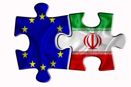Iran flag and European Union flag on two puzzle pieces on white isolated background. The concept of political relations. 3D renderingの写真素材