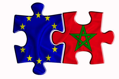 Morocco flag and European Union flag on two puzzle pieces on white isolated background. The concept of political relations. 3D renderingの写真素材