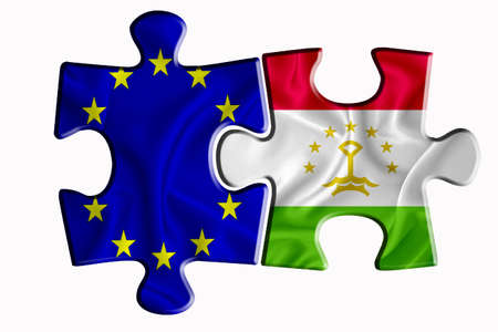 Tajikistan flag and European Union flag on two puzzle pieces on white isolated background. The concept of political relations. 3D renderingの写真素材