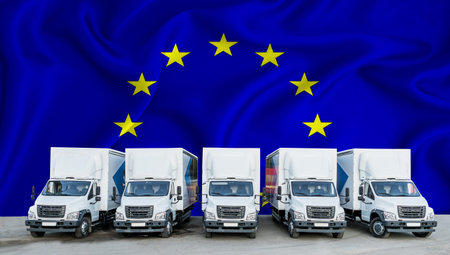 EU flag in the background. Five new white trucks are parked in the parking lot. Truck, transport, freight transport. Freight and logistics conceptの写真素材