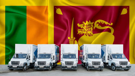 Sri Lanka flag in the background. Five new white trucks are parked in the parking lot. Truck, transport, freight transport. Freight and logistics conceptの写真素材