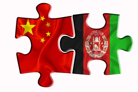 Afghanistan flag and China of America flag on two puzzle pieces on white isolated background. The concept of political relations. 3D renderingの写真素材