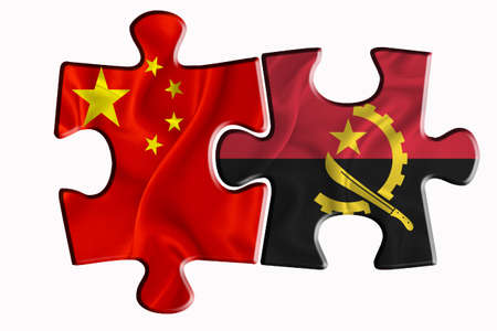 Angola flag and China of America flag on two puzzle pieces on white isolated background. The concept of political relations. 3D renderingの写真素材