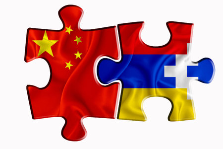 flag and China of America flag on two puzzle pieces on white isolated background. The concept of political relations. 3D renderingの写真素材
