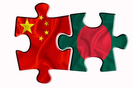 Bangladesh flag and China of America flag on two puzzle pieces on white isolated background. The concept of political relations. 3D renderingの写真素材