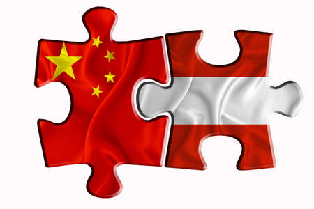 Austria flag and China of America flag on two puzzle pieces on white isolated background. The concept of political relations. 3D renderingの写真素材