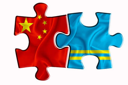 Aruba flag and China of America flag on two puzzle pieces on white isolated background. The concept of political relations. 3D renderingの写真素材