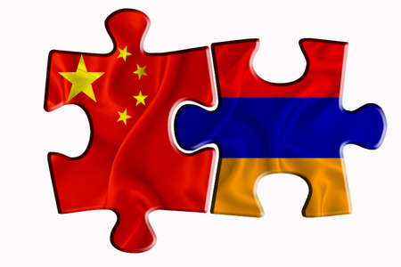 Armenia flag and China of America flag on two puzzle pieces on white isolated background. The concept of political relations. 3D renderingの写真素材