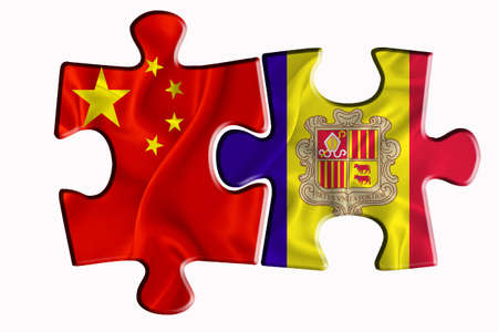 Andorra flag and China of America flag on two puzzle pieces on white isolated background. The concept of political relations. 3D renderingの写真素材