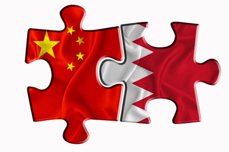 Bahreyn flag and China of America flag on two puzzle pieces on white isolated background. The concept of political relations. 3D renderingの写真素材