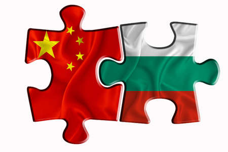 Bulgaria flag and China of America flag on two puzzle pieces on white isolated background. The concept of political relations. 3D renderingの写真素材