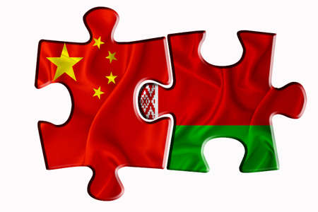 Belarus flag and China of America flag on two puzzle pieces on white isolated background. The concept of political relations. 3D renderingの写真素材