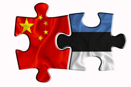 Estonia flag and China of America flag on two puzzle pieces on white isolated background. The concept of political relations. 3D renderingの写真素材