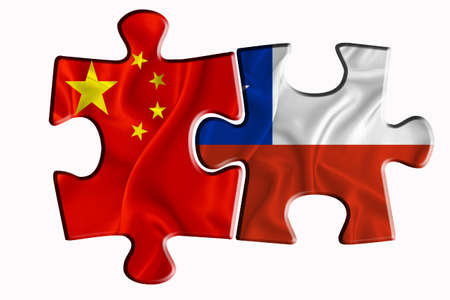 Chile flag and China of America flag on two puzzle pieces on white isolated background. The concept of political relations. 3D renderingの写真素材
