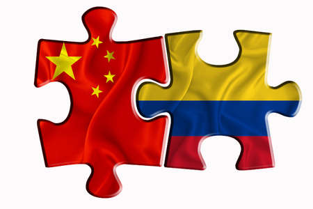 colombia flag and China of America flag on two puzzle pieces on white isolated background. The concept of political relations. 3D renderingの写真素材