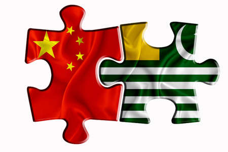 azad kashmir flag and China of America flag on two puzzle pieces on white isolated background. The concept of political relations. 3D renderingの写真素材